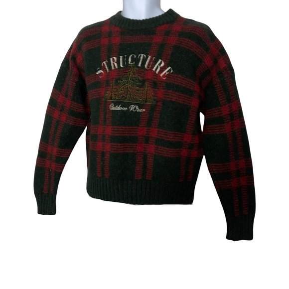 Structure Vintage 1990's 100% Wool Thick Plaid Embroidered Pullover Sweater XL - Picture 5 of 10